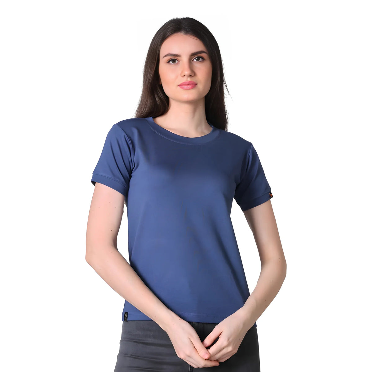 Women's Cotton Blended Solid Round Neck Half Sleeve T-Shirt (Blue)