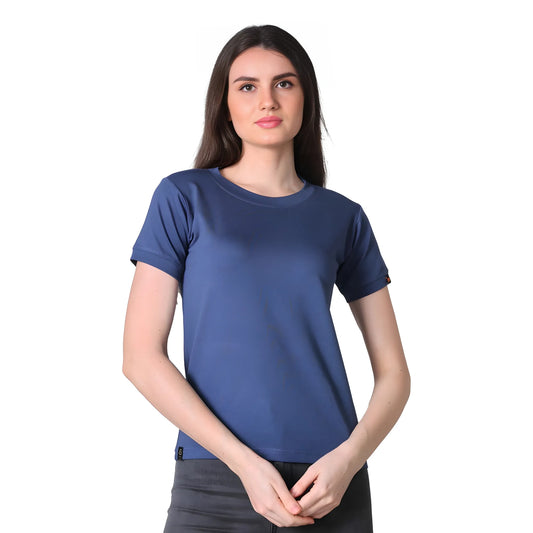 Women's Cotton Blended Solid Round Neck Half Sleeve T-Shirt (Blue)