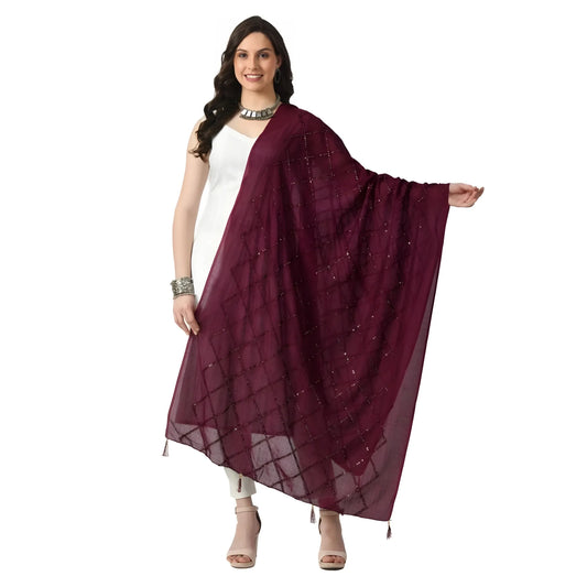 Women's Chanderi Self Design Dupatta (Wine, Length:  Free Size)