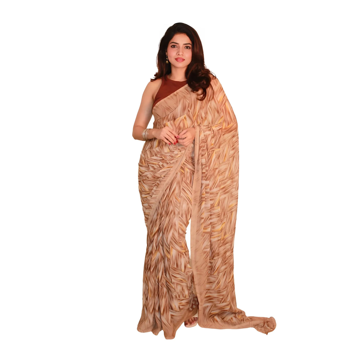 Women's Georgette Printed Saree With Unstitched Blouse 5.5Mtr (Brown)