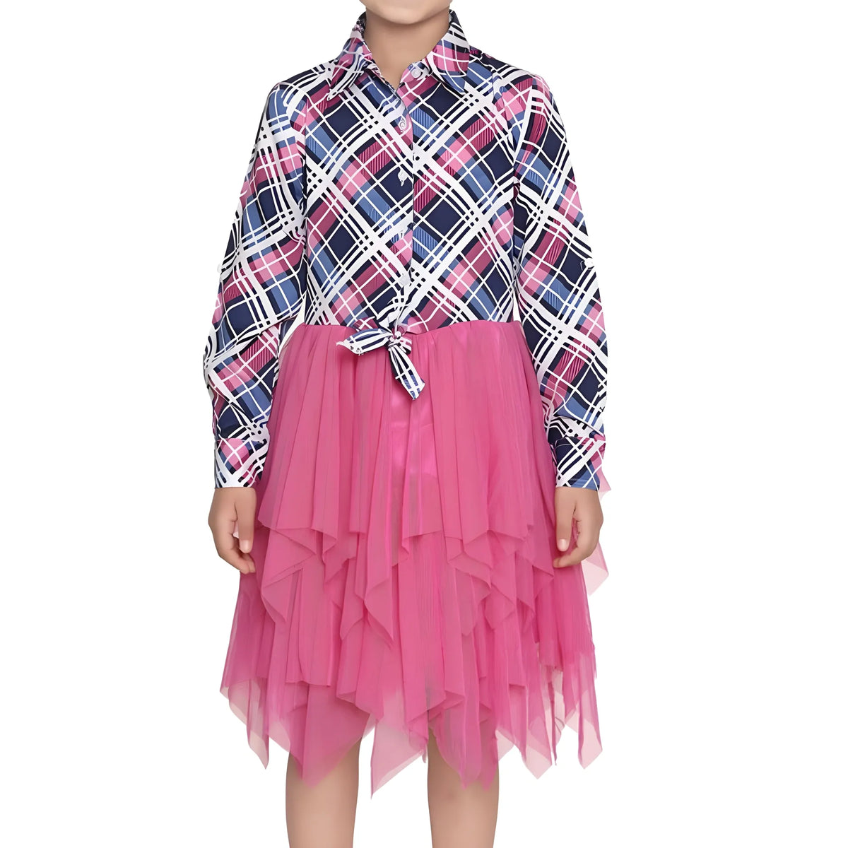 Girl's Polyster Crepe Lace Inserts Long Sleeves Dress (pink Blue) | Kids Signature Collection