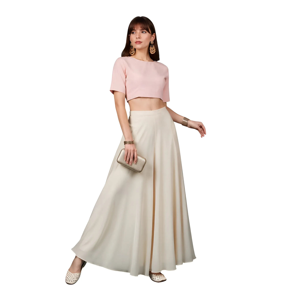 Women's Georgette Solid Mid-Rise Wide Leg Flared Palazzo with Elastic Waist (Cream)