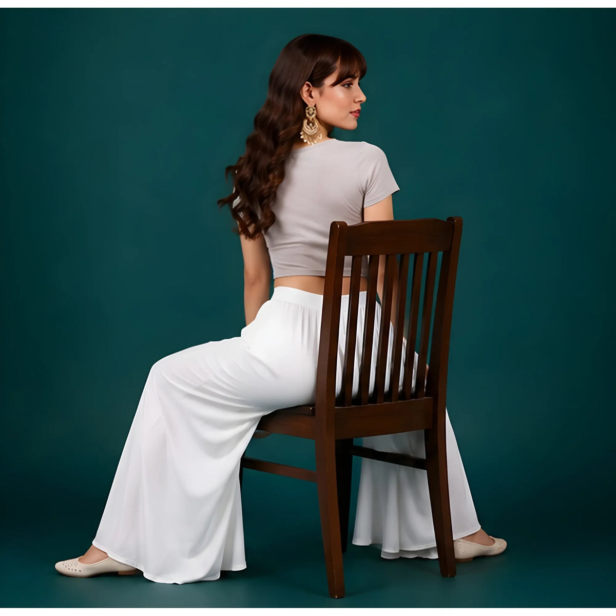 Women's Georgette Solid Mid-Rise Wide Leg Flared Palazzo with Elastic Waist (White)
