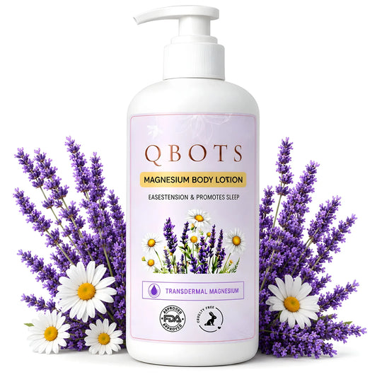 QBOTS Magnesium Body Lotion for Nightly Sleep Muscle Recovery with Lavender &amp; Chamomile | Transdermal Magnesium | Shea Butter &amp; Niacinamide | For Nightly Relaxation &amp; Skin Hydration | 250 ml