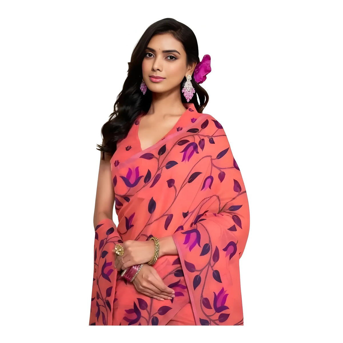 Women's Georgette Printed Saree With Unstitched Blouse 5.5Mtr  (Peach)