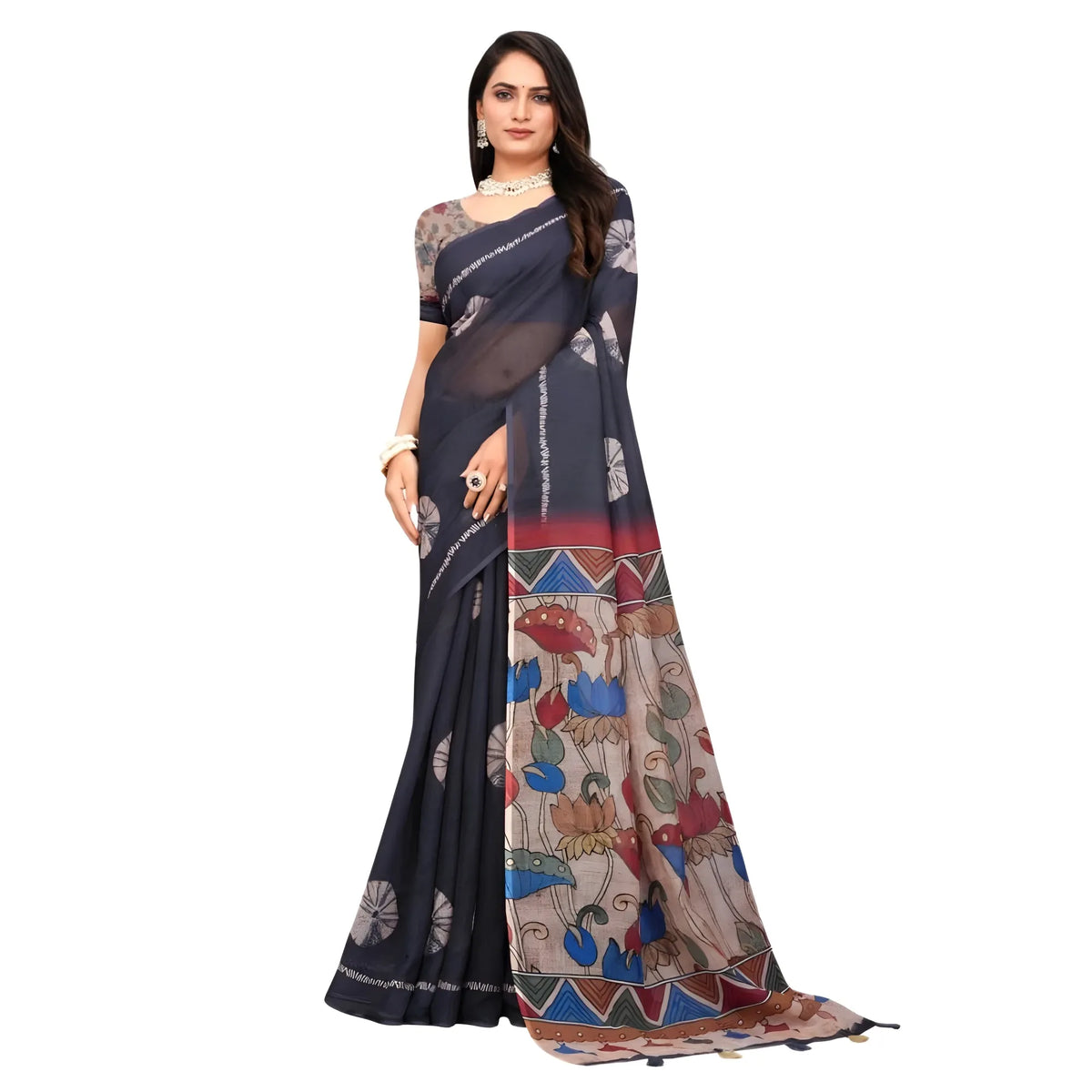 Rivana Linen Printed Saree With Unstitched Blouse