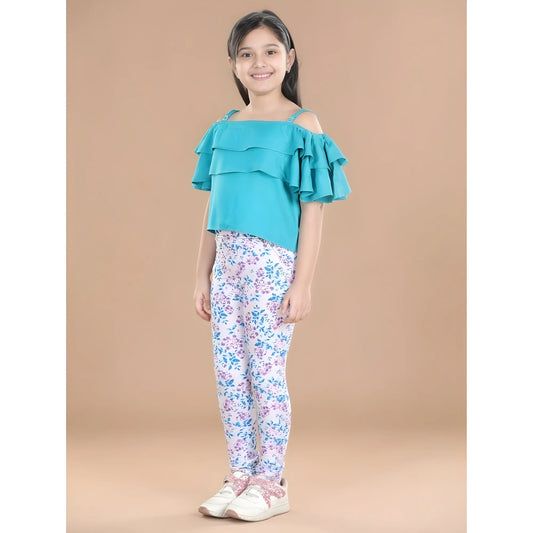 Girl's Cotton Floral Elasticated Jegging And Top Set (turquoise Blue) | Kids Signature Collection