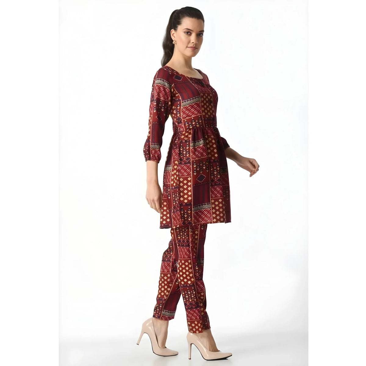 Women's Casual Crepe 3-4th Sleeves Cord Set (Maroon)