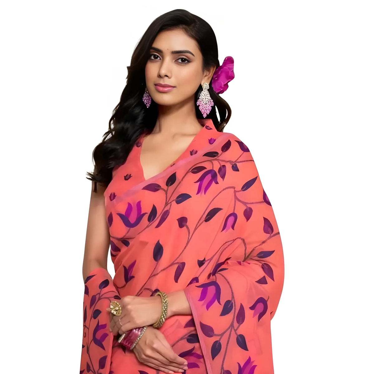 Women's Georgette Printed Saree With Unstitched Blouse 5.5Mtr  (Peach)