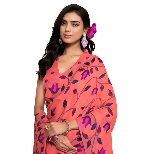 Women's Georgette Printed Saree With Unstitched Blouse 5.5Mtr  (Peach)