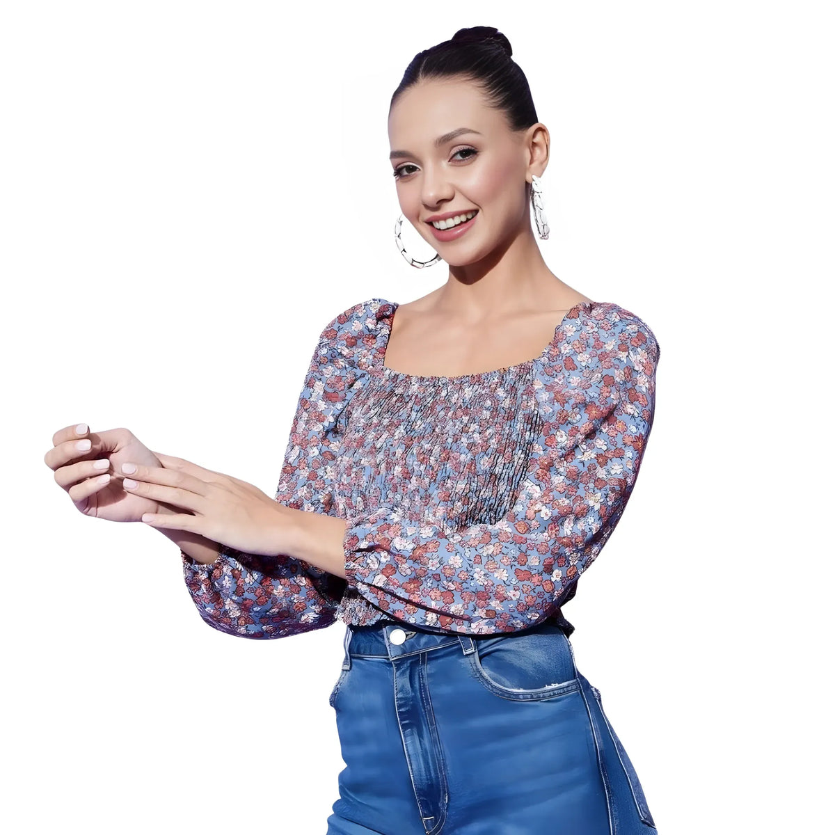 Women's Polyester Floral Long Sleeves Top (Multicolor)