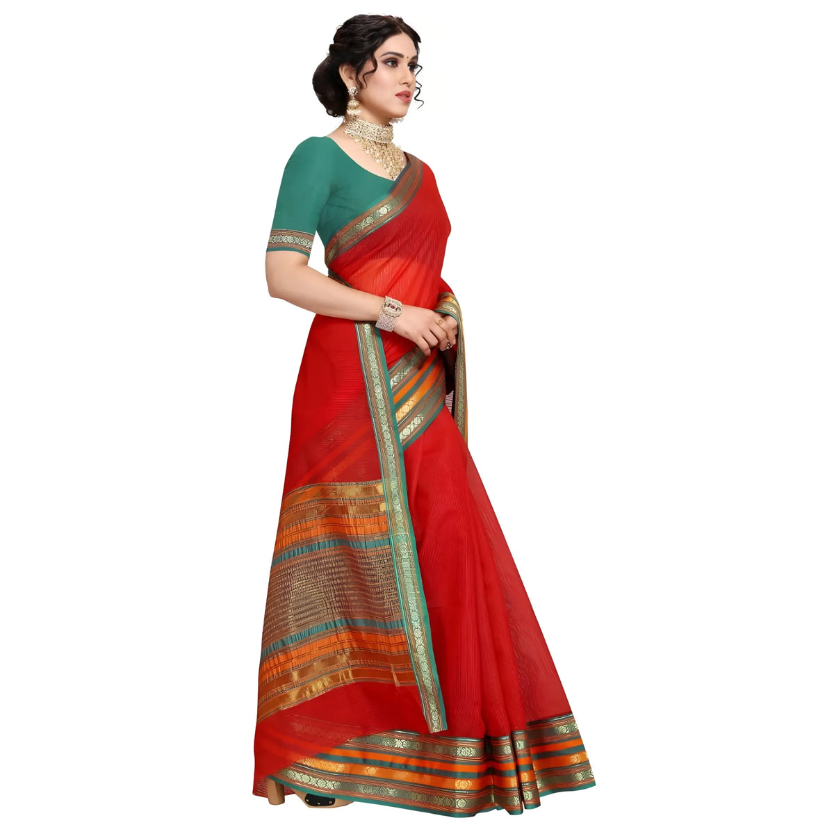Women's Kota Doria Cotton Bordered Saree With Blouse (Red, 5-6 Mtrs)