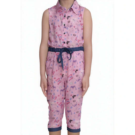 Girl's Cotton Printed Sleeveless Jumpsuit (pink) | Kids Signature Collection
