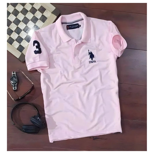 Men's Casual Half sleeve Solid Cotton Polo Neck T-shirt (Pink)