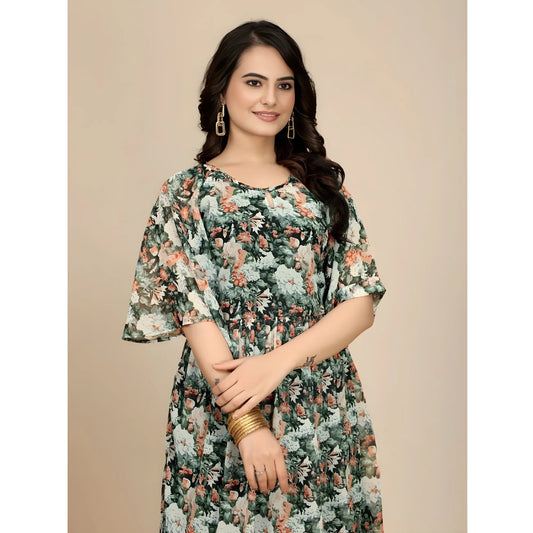 Women's Georgette Printed Round Neck Short Sleeve Dress (black) | Women Signature Collection