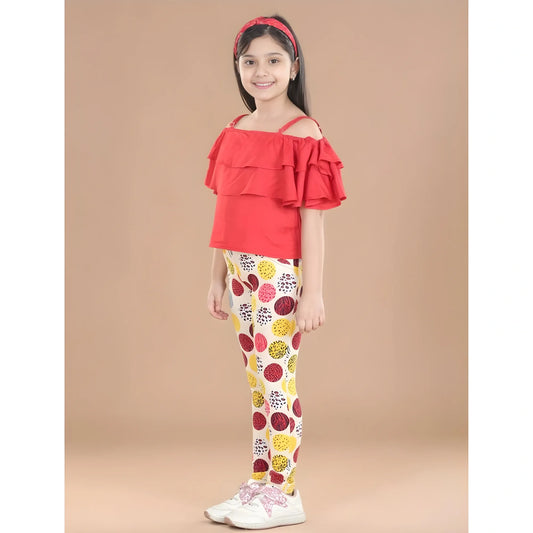 Girl's Cotton Floral Elasticated Jegging And Top Set (red) | Kids Signature Collection