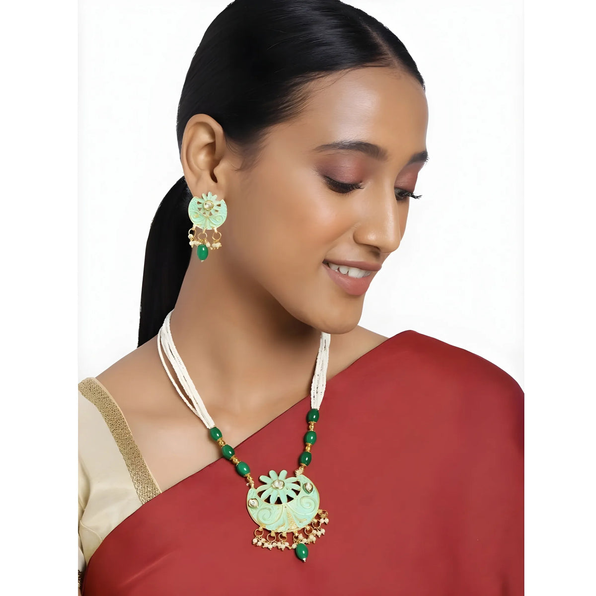 Women's Rose Gold Plated Alloy Necklace &amp; Earings Set (Green)