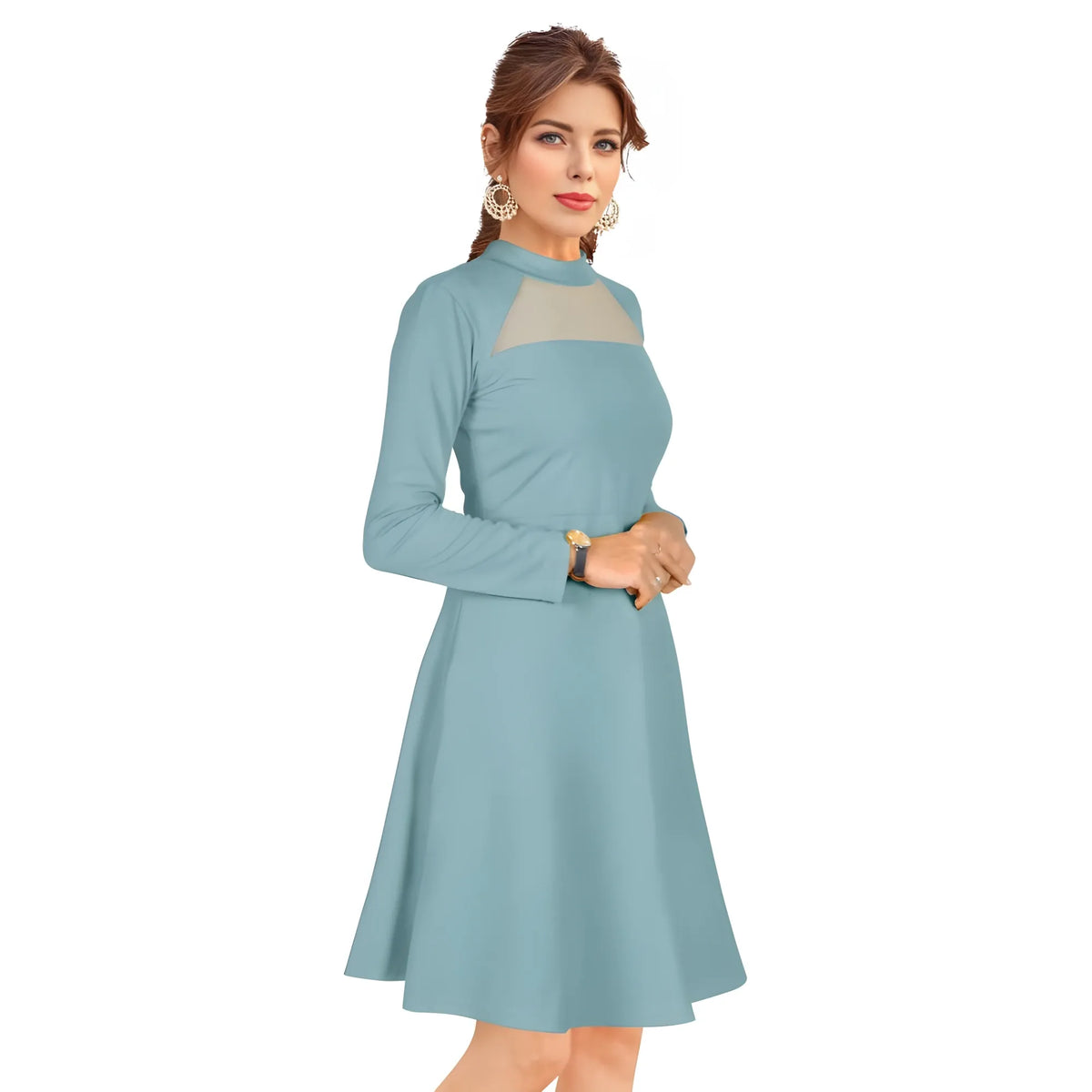 Women's Knitting stretchable Solid Round Neck Full Sleeve Dress (Pista)