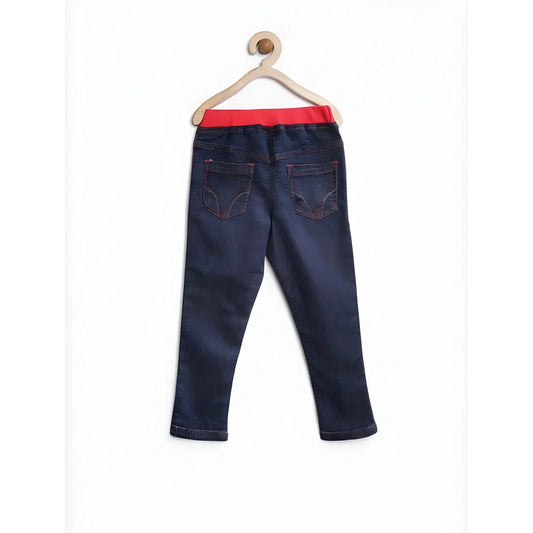 Girl's Denim Ribbed Elasticated Jeans (Red-Blue)