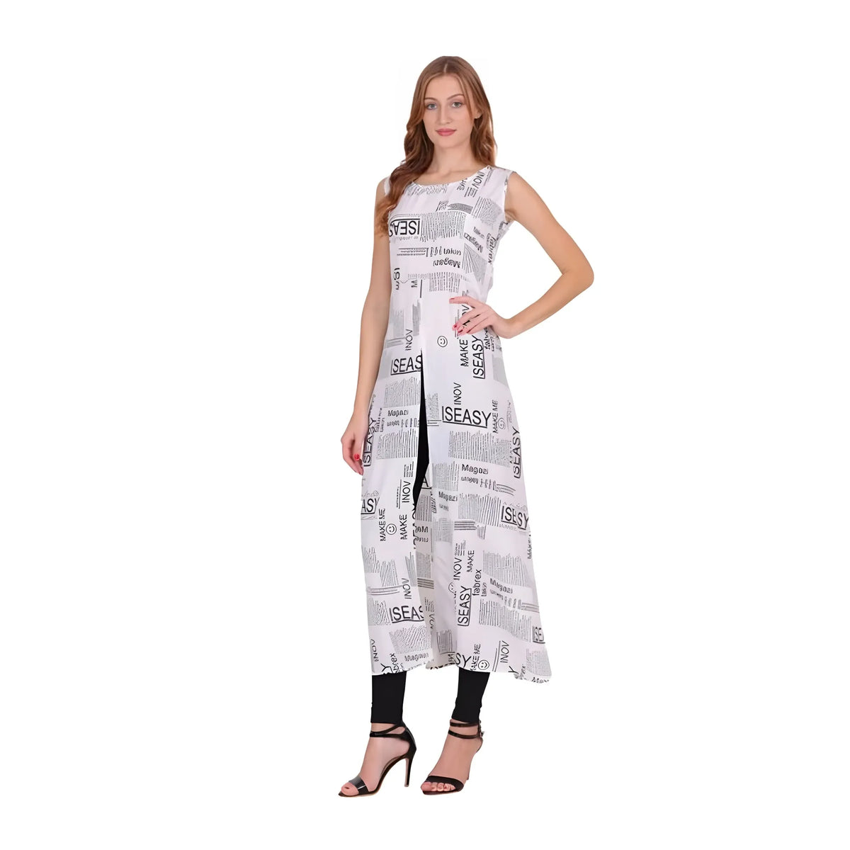 Women's Casual Crepe Sleeveless Slit Dress (White)