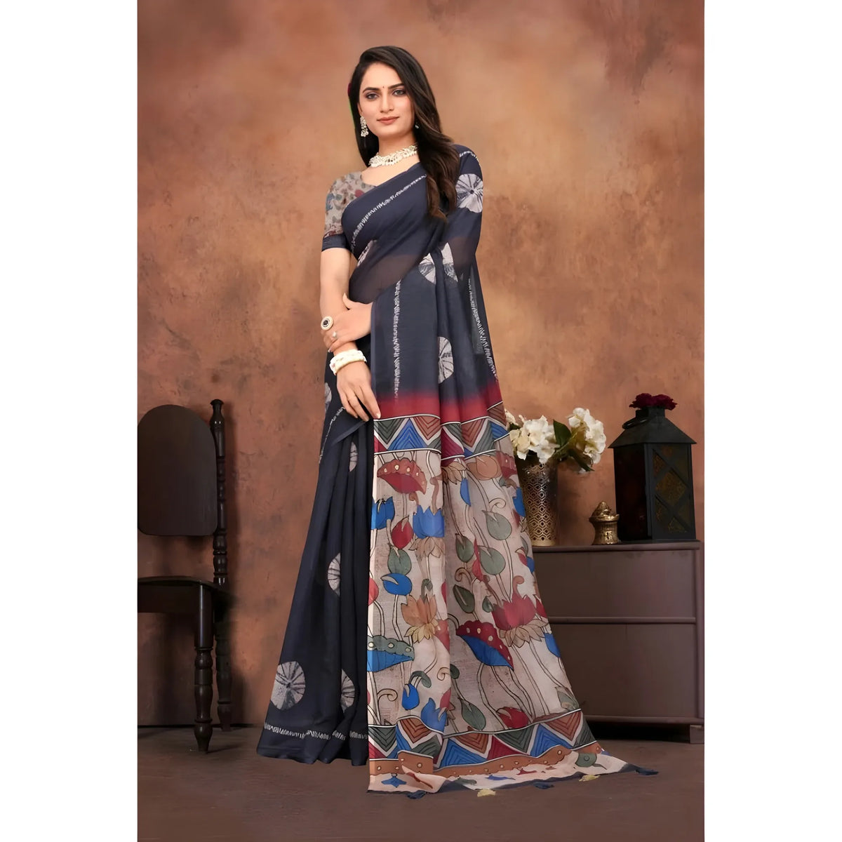 Rivana Linen Printed Saree With Unstitched Blouse