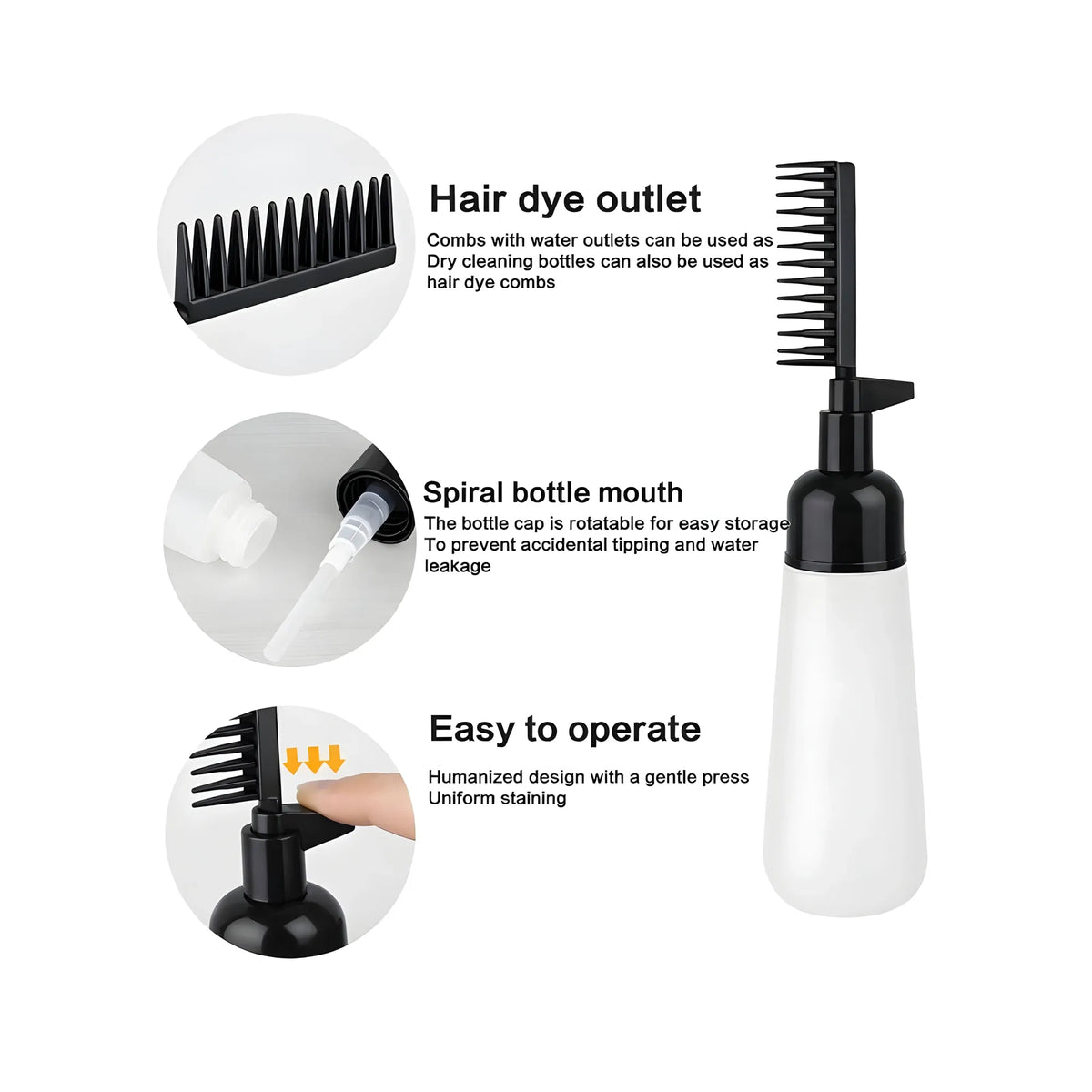 Plastic Root Comb Hair Dye Applicator Bottle (Black)