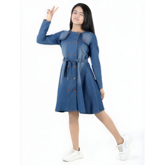 Girl's Denim Solid Long Sleeve Round Neck Dress (blue) | Kids Signature Collection