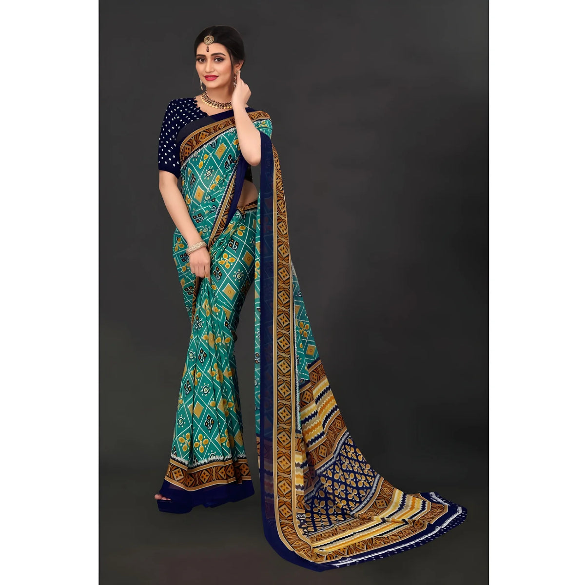 Women's Georgette Floral Print Saree With Unstitched Blouse 5.5Mtr (Dark Green)