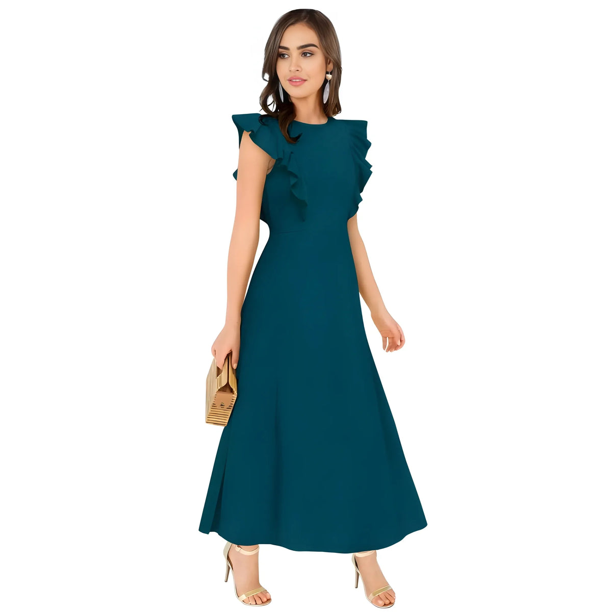Women's Knitting stretchable Solid Round Neck Ruffled Sleeve Dress (Morpich)