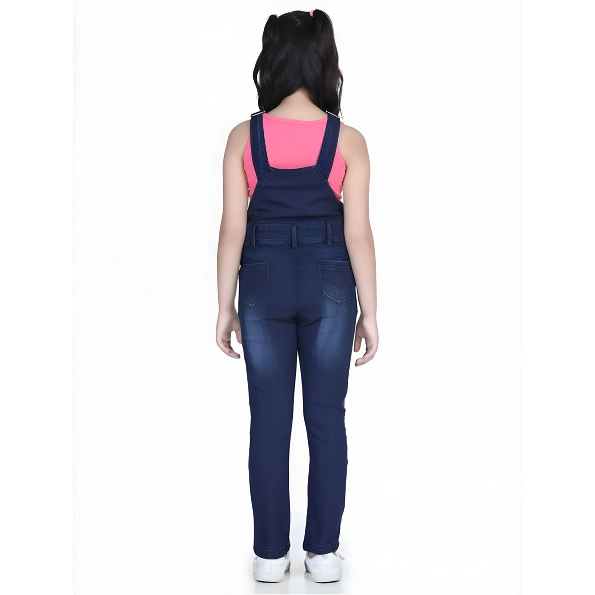 Girl's Denim Distressed Buttoned Dungaree (blue) | Kids Signature Collection