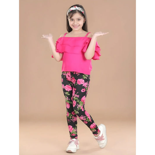Girl's Cotton Floral Elasticated Jegging And Top Set (black Pink) | Kids Signature Collection