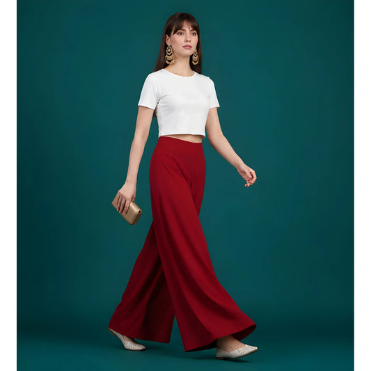 Women's Georgette Solid Mid-Rise Wide Leg Flared Palazzo with Elastic Waist (Maroon)