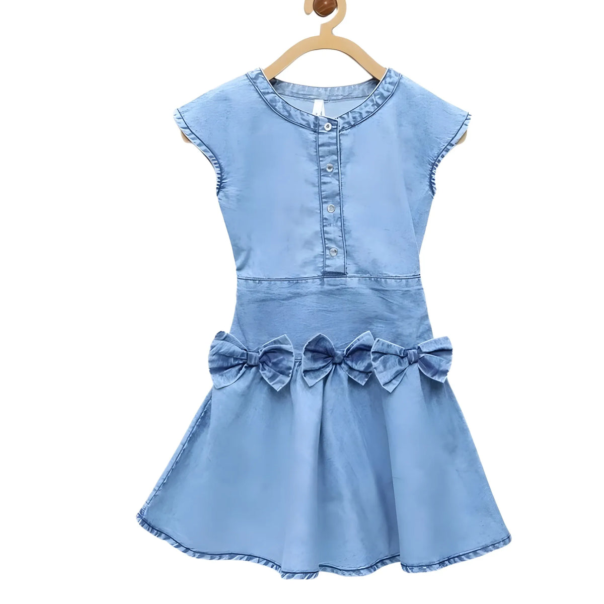 Girl's Denim Embellished Cap Sleeve Bow Dress (light Blue) | Kids Signature Collection