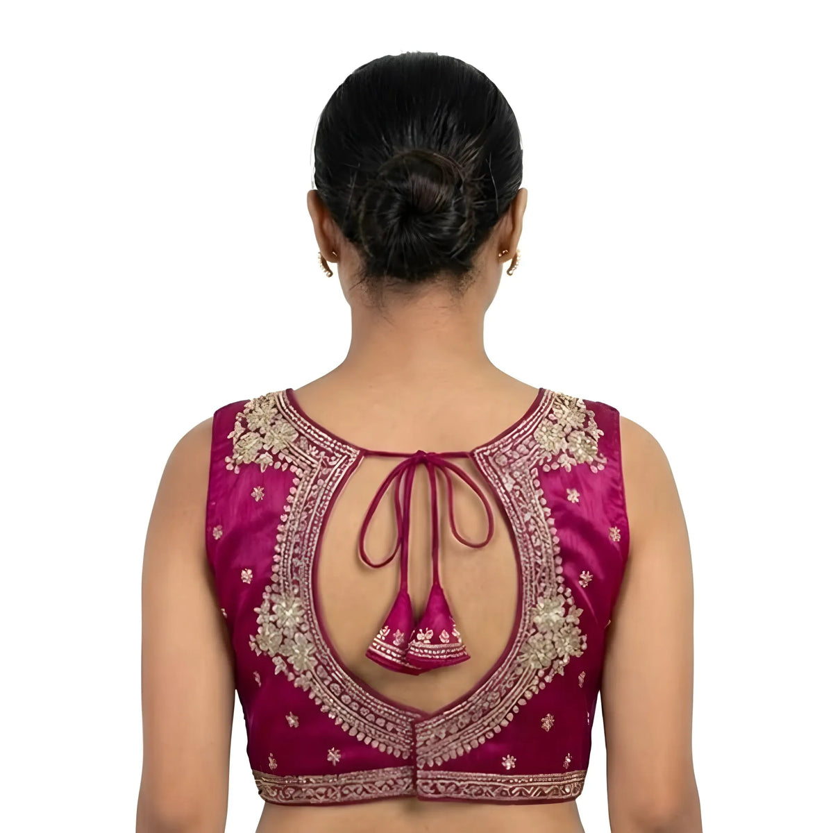 Women's Silk Embroidered V-Neck Sleeveless Readymade Padded Blouse (Pink, Size 38)