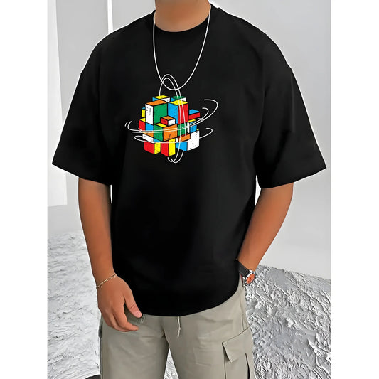Men's Casual Cotton Blend Printed Round Neck Half Sleeve T-Shirt (Black)
