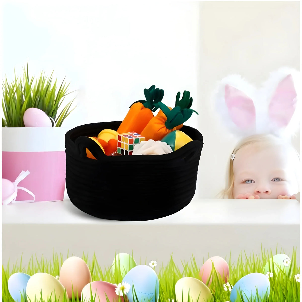 Cotton Pack Of_1 Cat Basket 8x4 Inch Storage Basket For Clothes (Black)