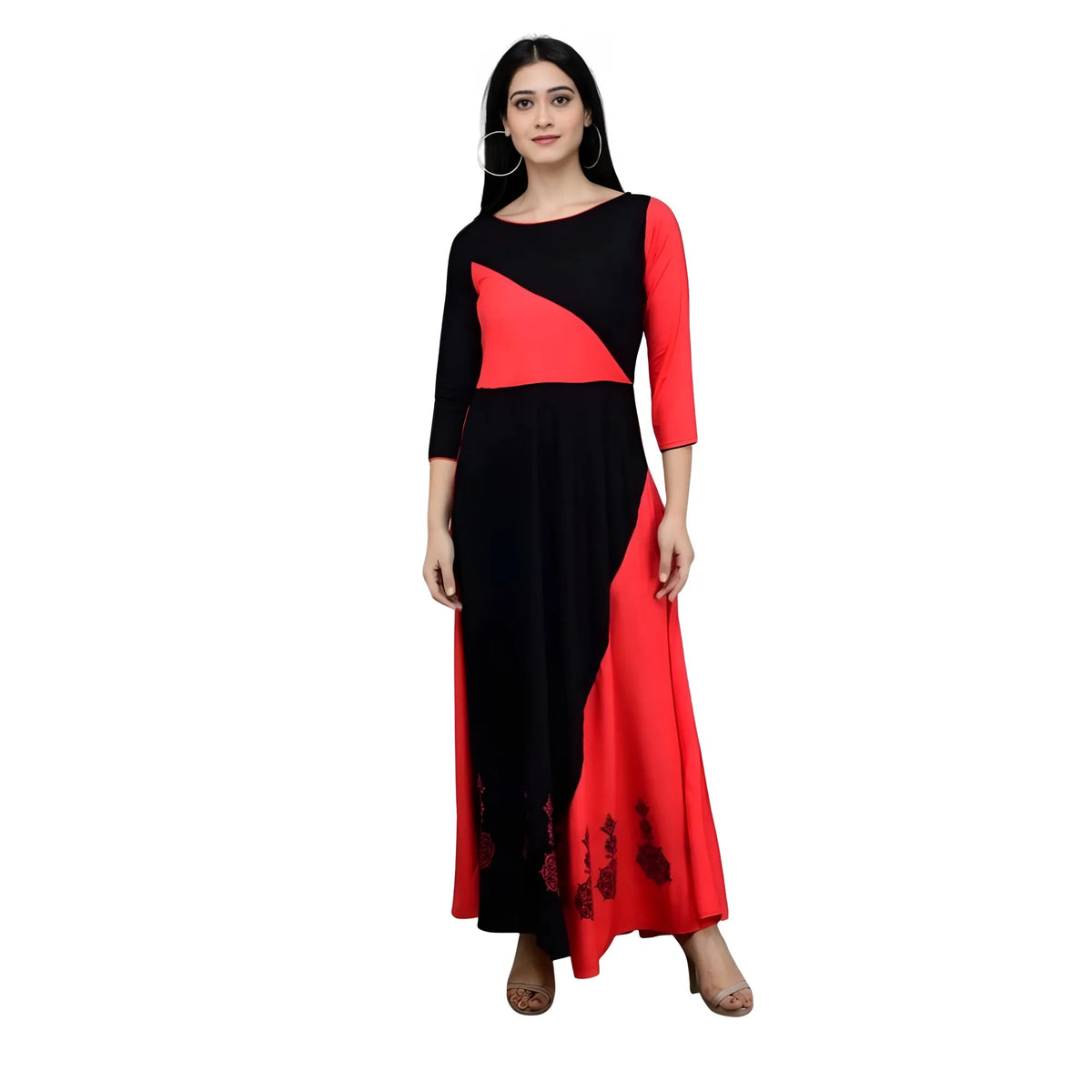 Women's Casual Rayon 3-4th Sleeves Maxi Dress (Pink)