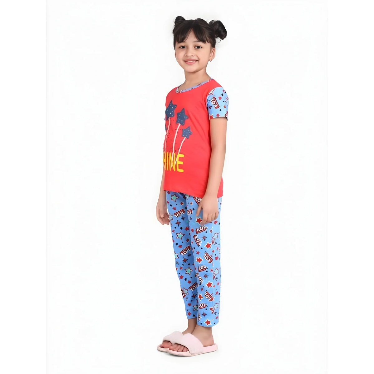 Girl's Cotton Hosiery Printed Night Suit Set (red Blue) | Kids Signature Collection