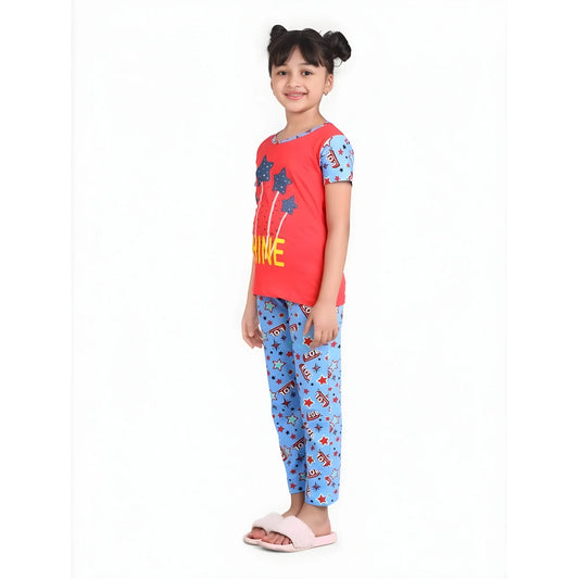 Girl's Cotton Hosiery Printed Night Suit Set (red Blue) | Kids Signature Collection