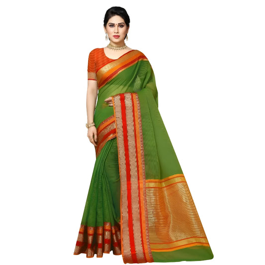 Women's Kota Doria Cotton Border Saree With Blouse (Green, 5-6 Mtrs)