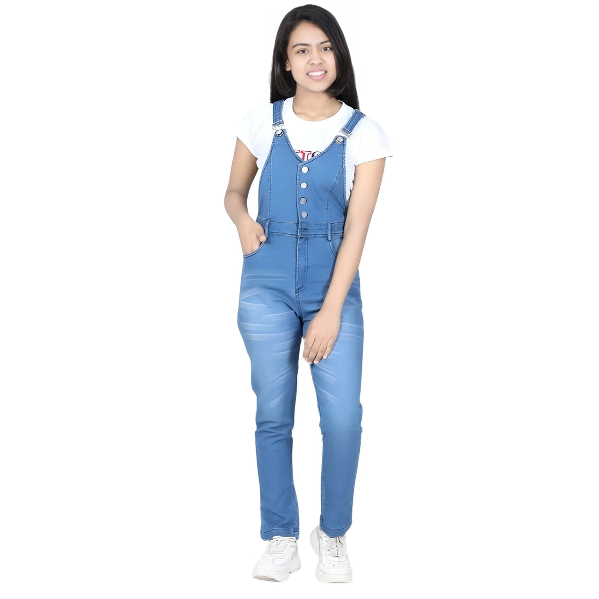Girl's Denim Solid Buttoned Dungaree (blue) | Kids Signature Collection
