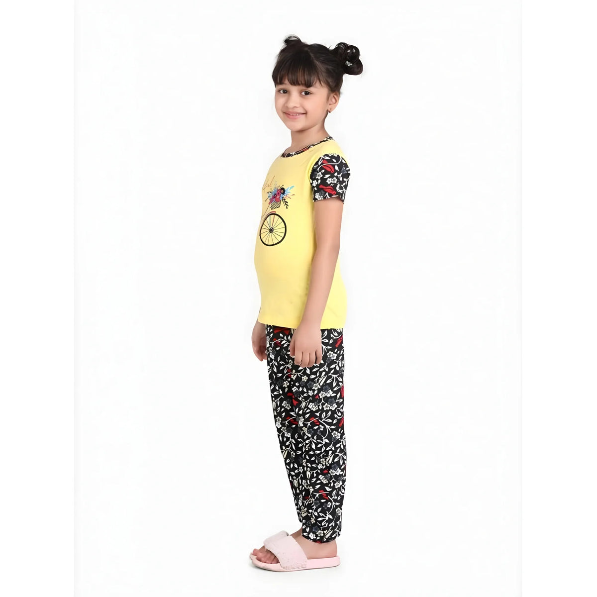 Girl's Cotton Hosiery Printed Night Suit Set (yellow Black) | Kids Signature Collection