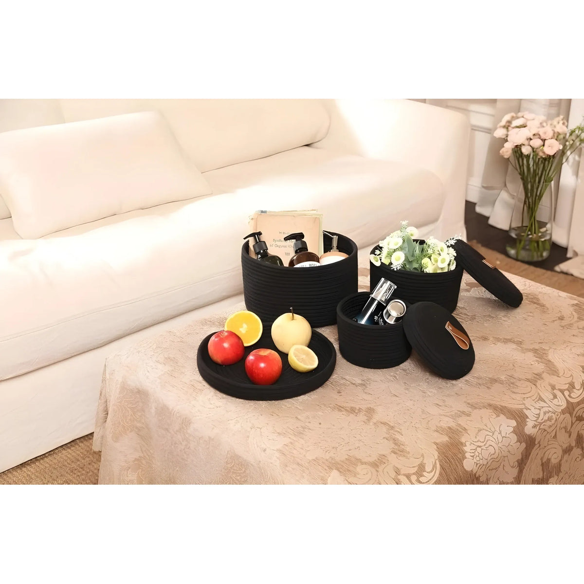 Cotton 3 Pcs Set Roti Box Storage Basket With Lid (Black)