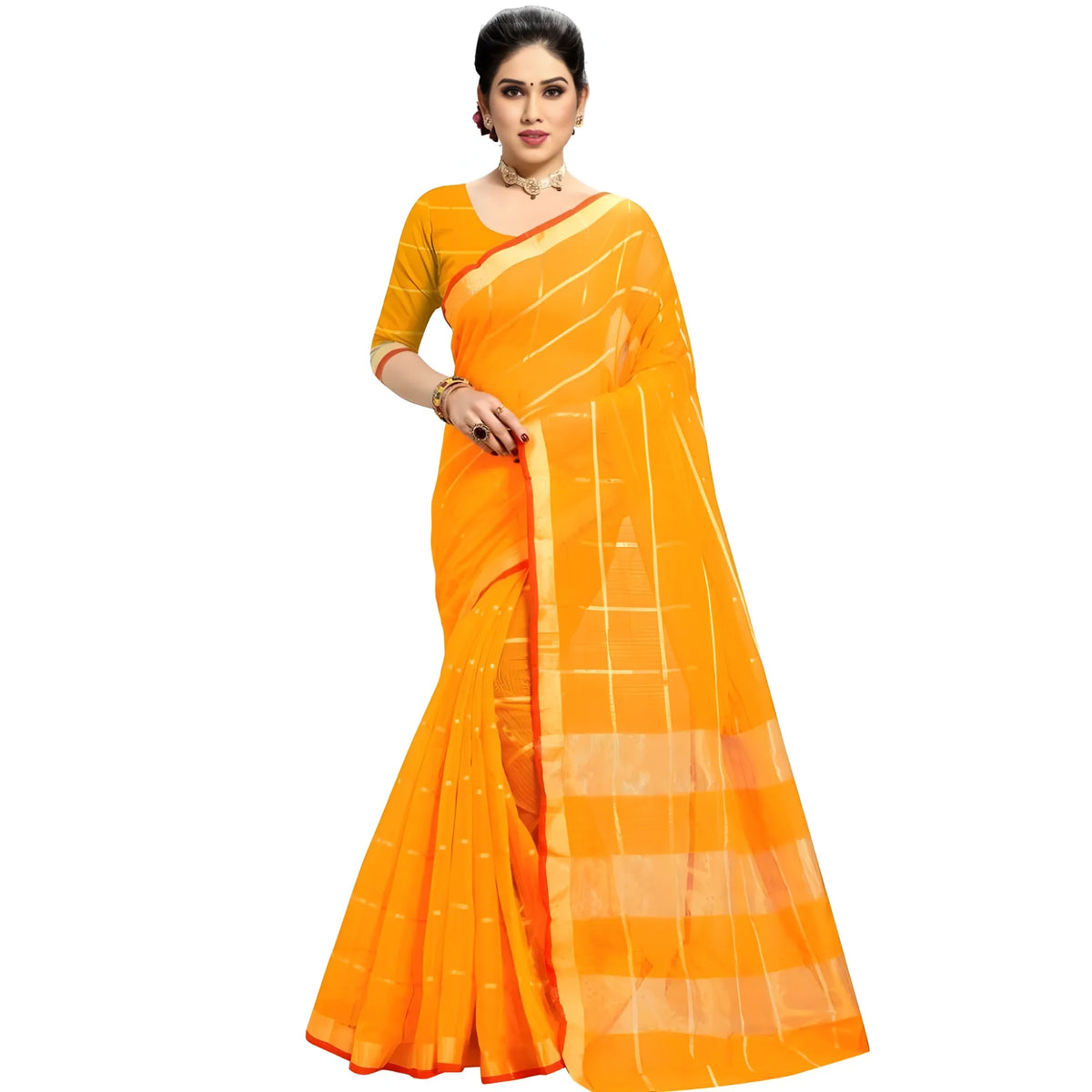 Tavira Kota Doria Cotton Checked Saree With Blouse