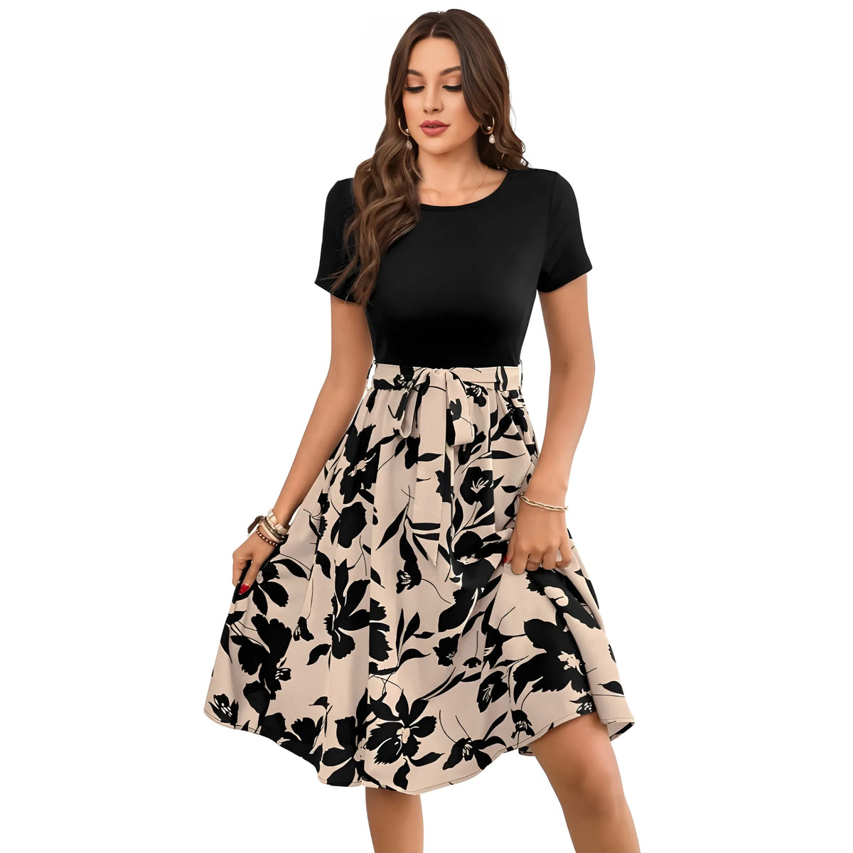 Women's Knitting Printed Round Neck Short Sleeve Dress (Cream)