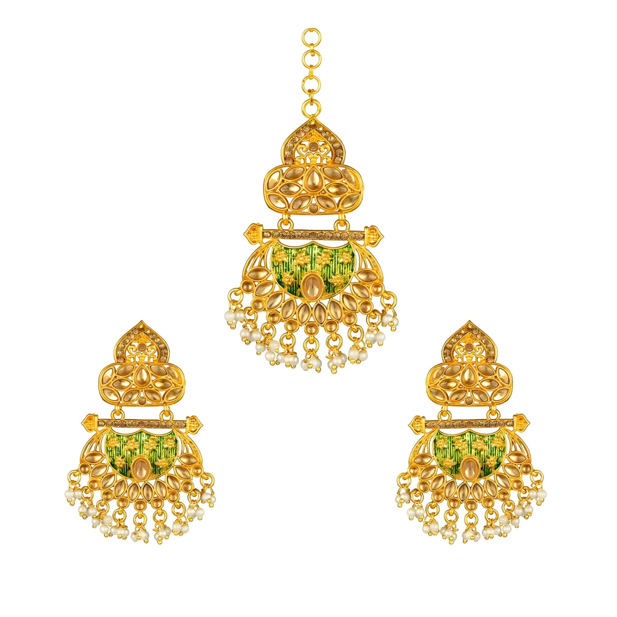 Women's Rose Gold Plated Alloy Kundan Earrings &amp; Mangtikka (Green)