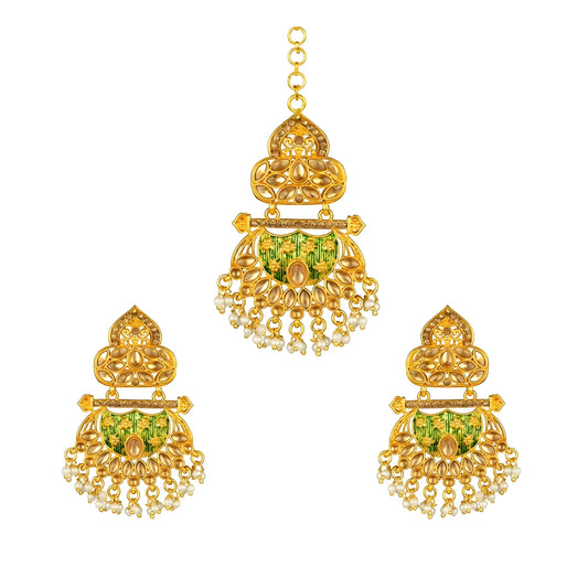 Women's Rose Gold Plated Alloy Kundan Earrings &amp; Mangtikka (Green)