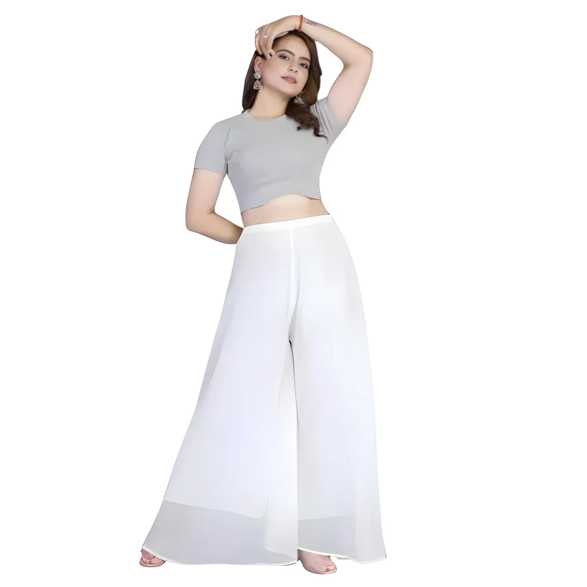 Women's Pack of 1 Georgette Solid High Rise Wide Leg Flared Palazzo with Elastic Waist (White)