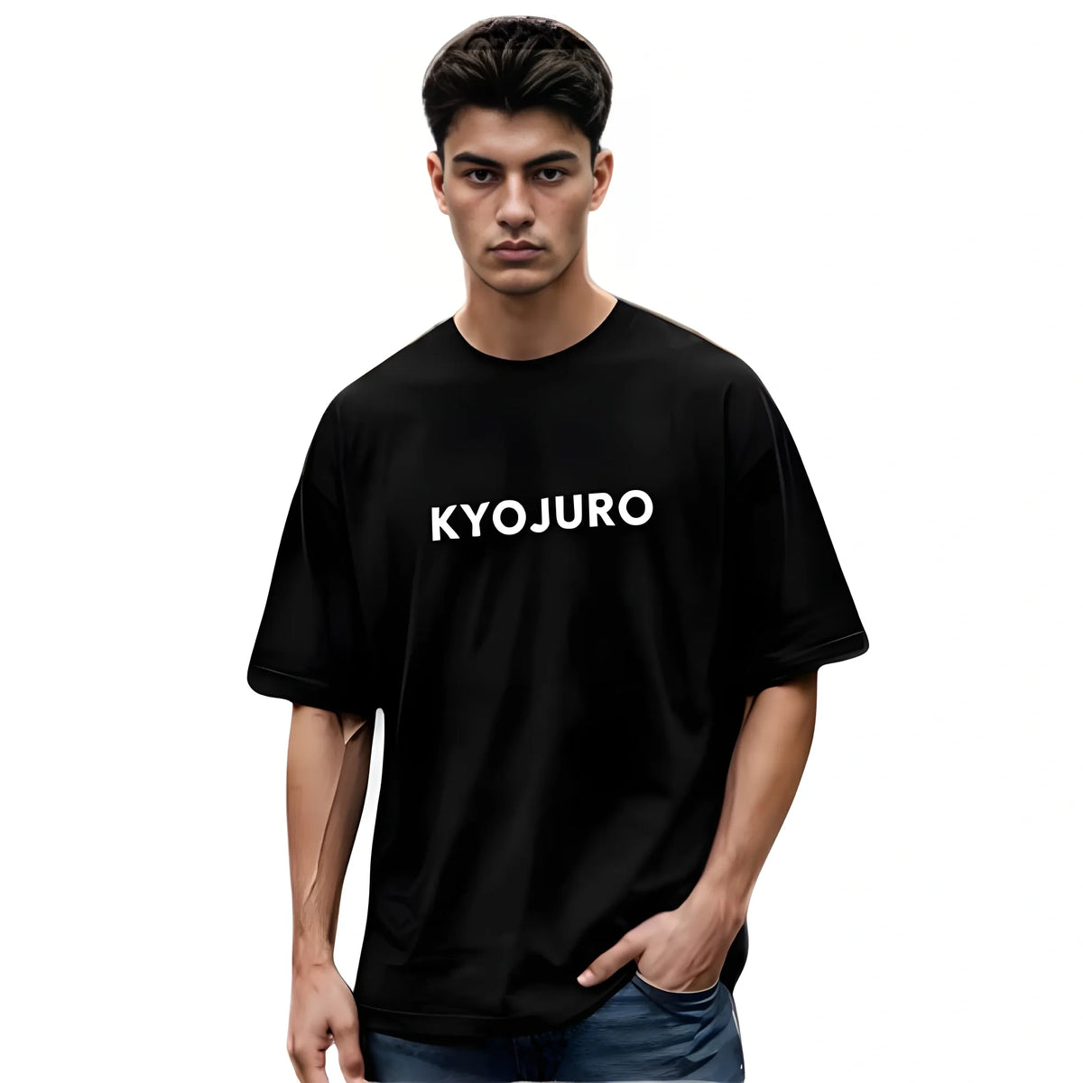 Men's Cotton Blend Printed Oversized Round Neck Half Sleeve T-Shirt (Black)