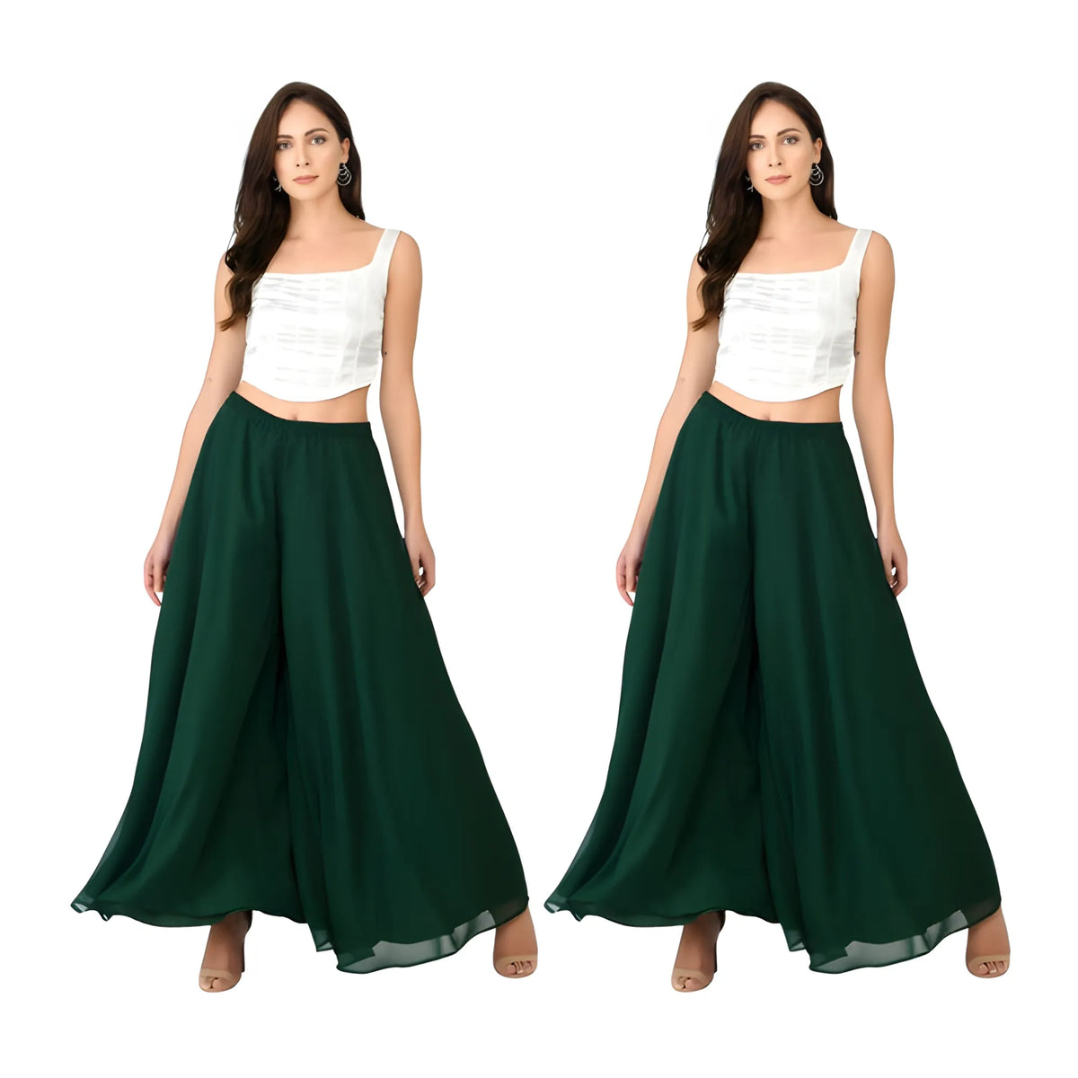 Women's Pack of 2 Georgette Solid High Rise Wide Leg Flared Palazzos with Elastic Waist (Bottle Green)